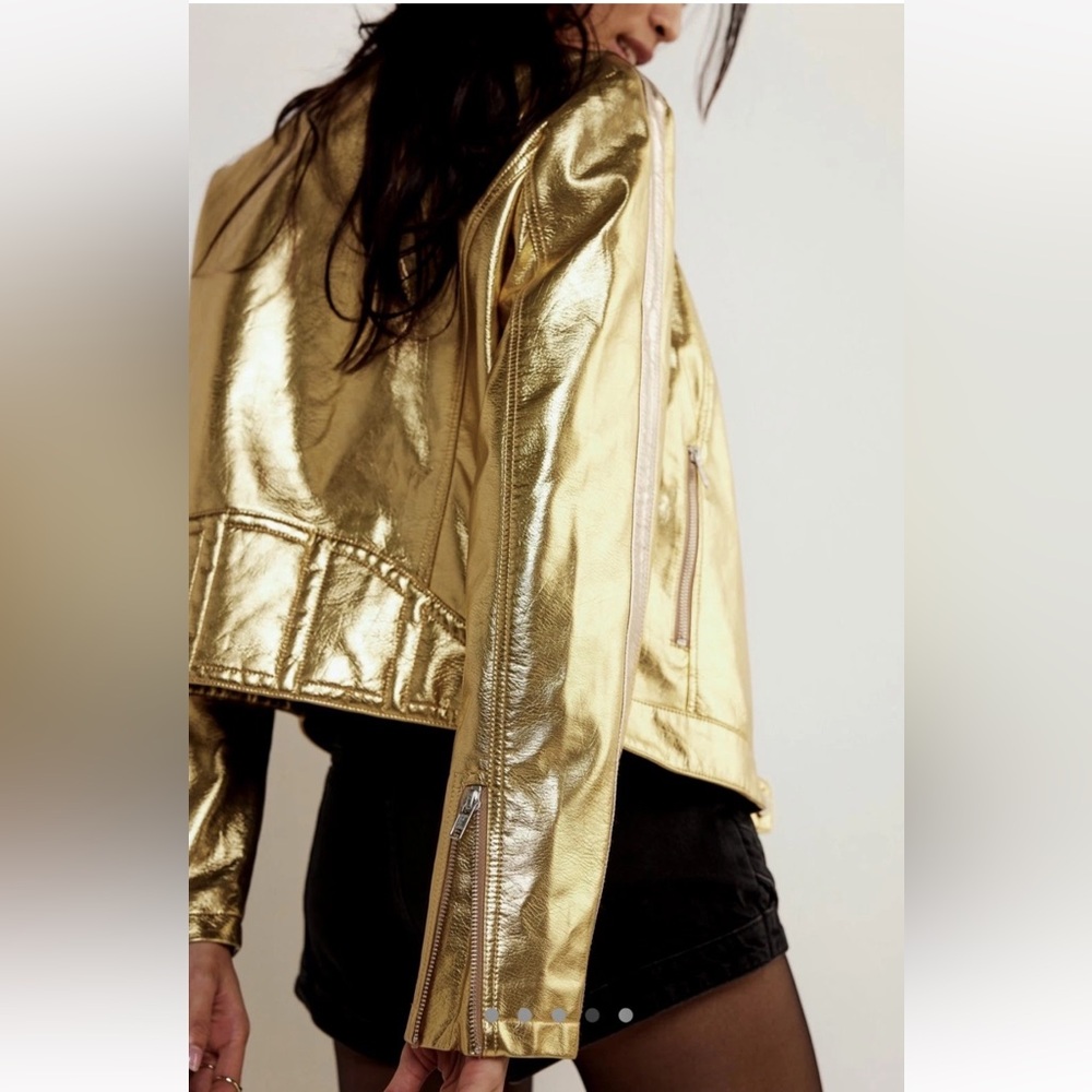 Free People We The Free Fast Lane Gold Rush Metallic Moto Jacket Size Small